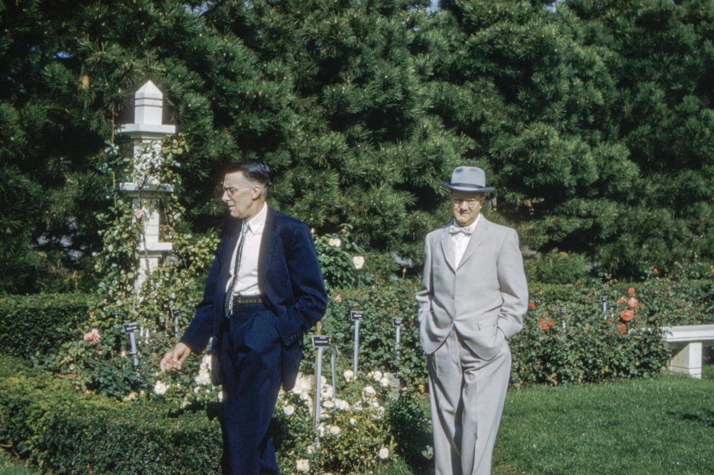 Two men in suits walking through a garden, vintage photograph