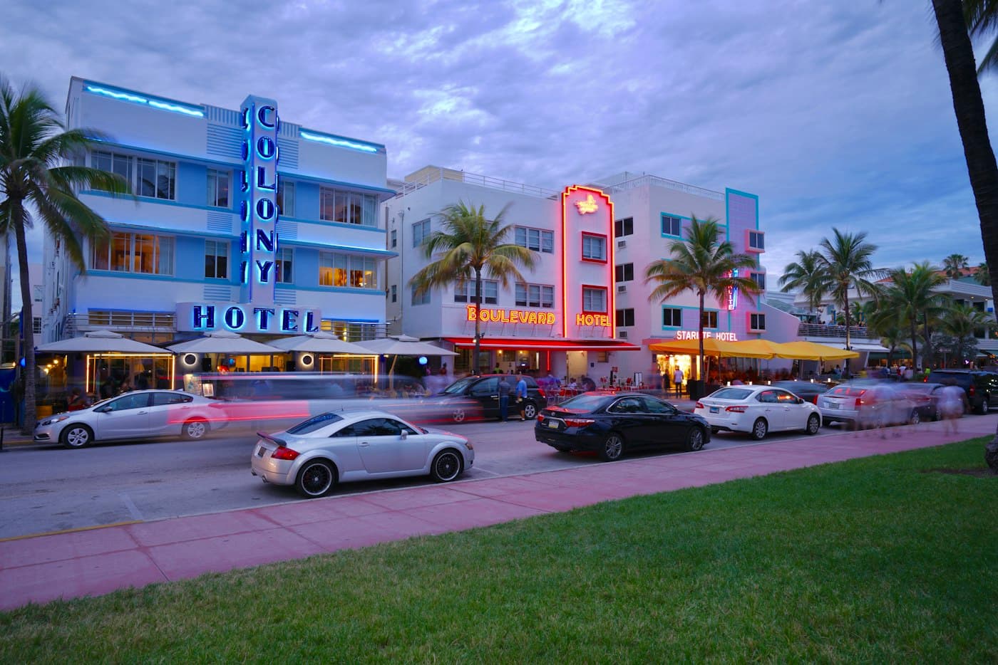 Art Deco façades at dusk, South Beach