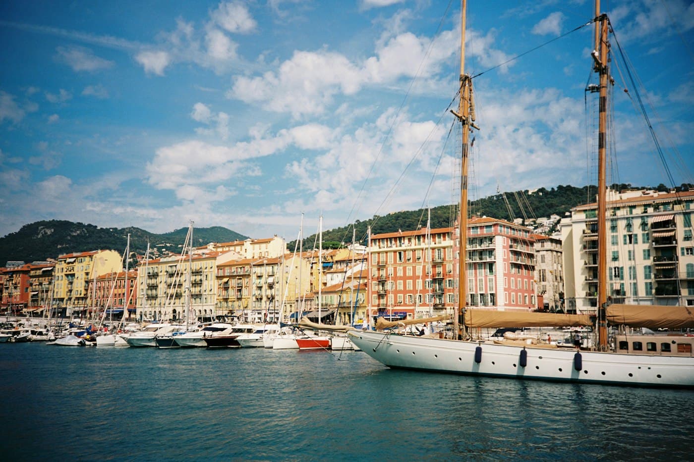 Yacht moored in the harbour at Nice, photographed on film